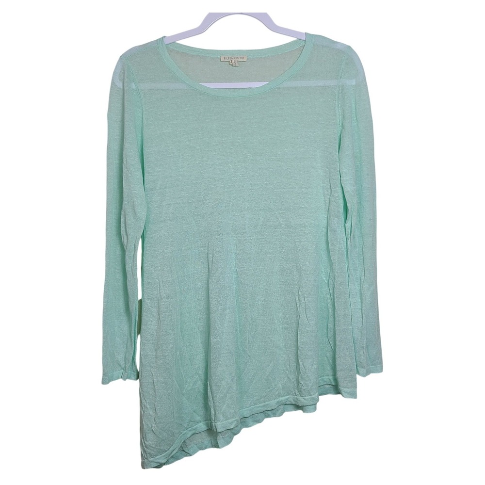 EILEEN‎ FISHER Sheer Linen Blend Sea Foam Blue Asymmetrical Long Sleeve Top XS